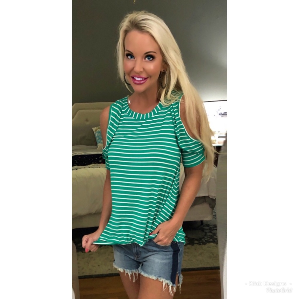 🛍LAST 1! Green Striped Cold Shoulder Top! - Picture 4 of 6